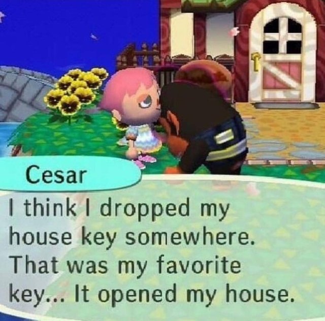 I think I dropped my housekey somewhere. That was my favorite key... it opened my house. :( - Cesar from animal crossing