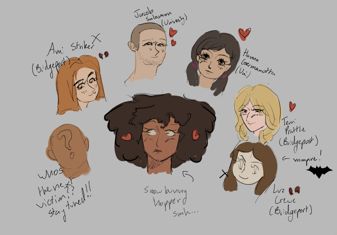 doodle of Reons old love interests. from right to left: Luz Crewe, Terri Prattle, Hannah Germanotta, Jacob Salaman, and Ami Striker. Hes a snowbunny hopper, disgaceful smh